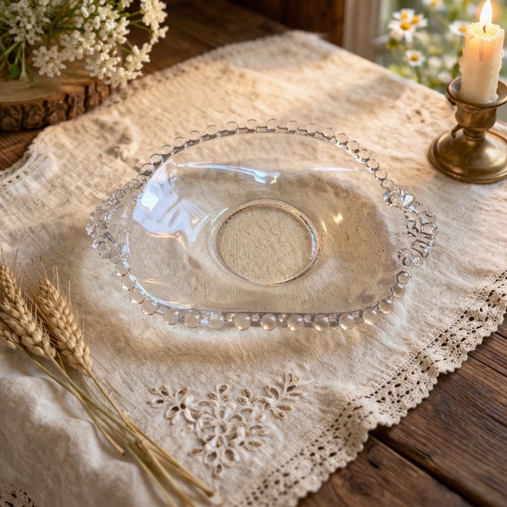 Hughes Candlewick Glass Dish Cornflower Pattern Beaded Edge Vintage Serving Dish